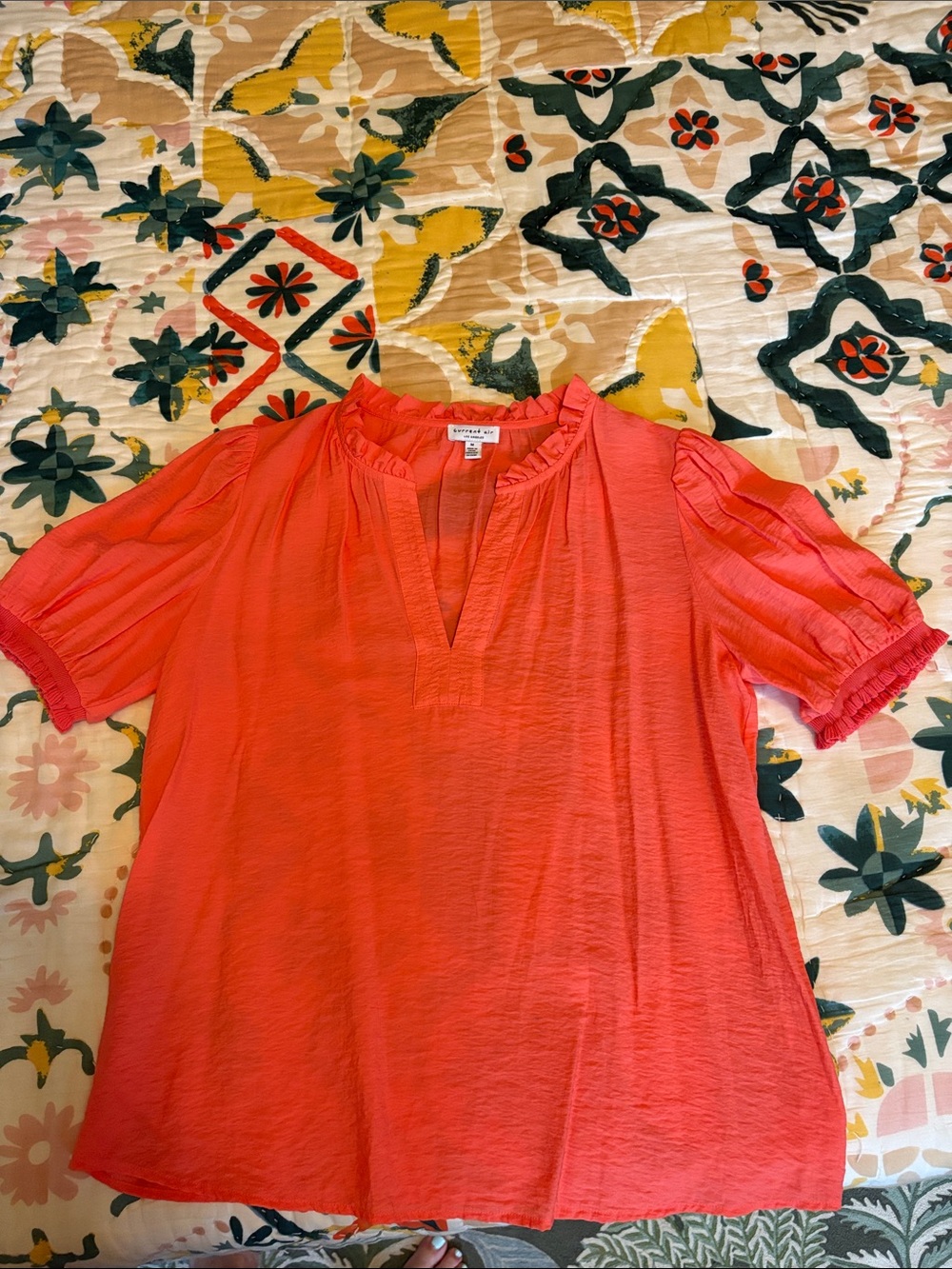 Currant air Coral Ruffled V-Neck Short Sleeve Blouse